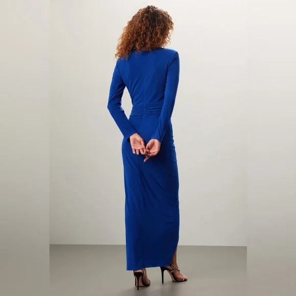 Renee Ruiz Slinky Blue Long Sleeve Ruched Maxi Dress Size 4 - Picture 2 of 8